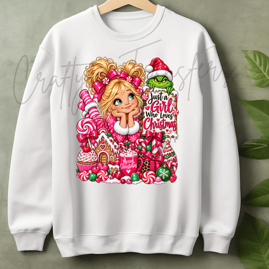 Just a Girl Who Loves Christmas DTF Transfer – Pink Candy Christmas Girl Design – Cute Holiday DTF