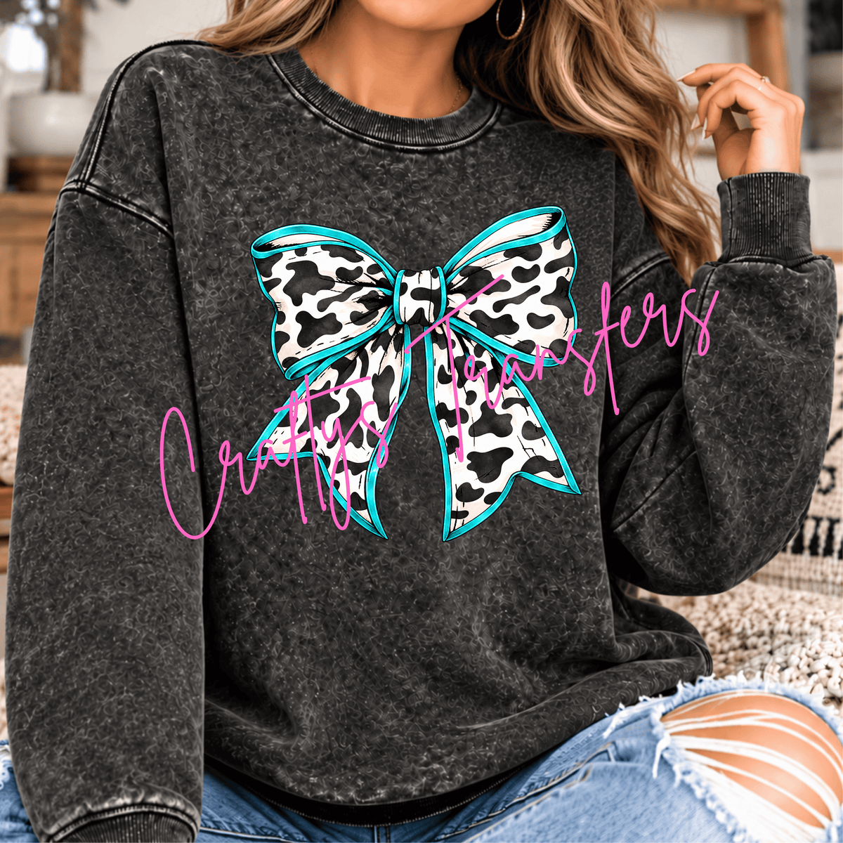 Turquoise Cow Print Bow DTF Transfer – Black & White Western Ribbon Graphic