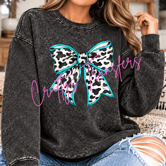 Turquoise Cow Print Bow DTF Transfer – Black & White Western Ribbon Graphic