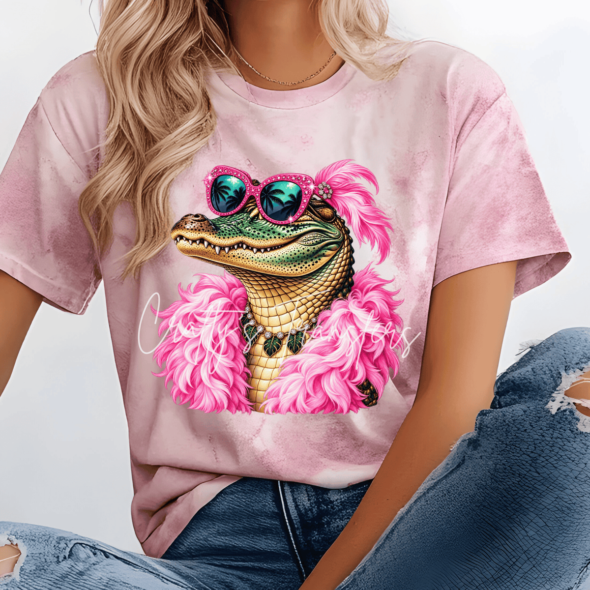 Glam Alligator DTF Transfer – Pink Feather Boa & Rhinestone Sunglasses Southern Graphic