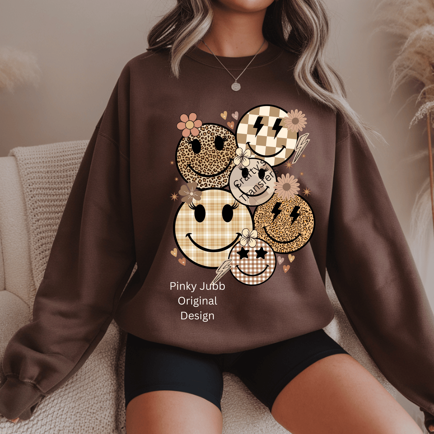 Neutral Smiley Face DTF Transfer – Leopard & Checkered Happy Face Shirt Design – Trendy Boutique Heat Press Transfer