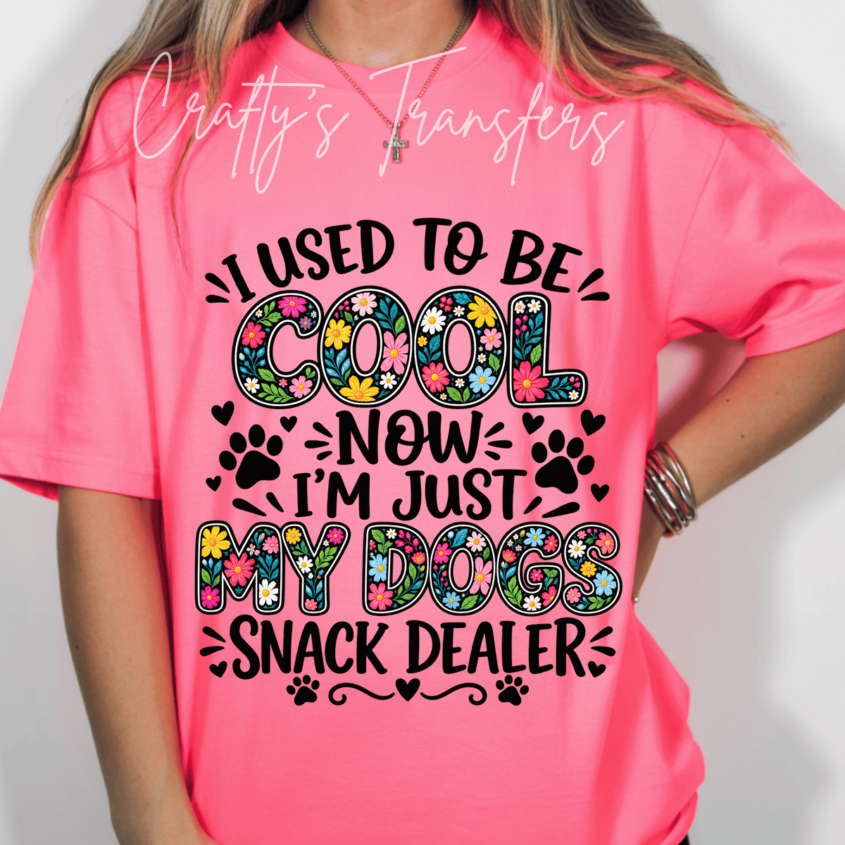 I Used to Be Cool Now I’m Just My Dog’s Snack Dealer DTF Transfer – Funny Dog Mom Floral Paw Print Shirt Design