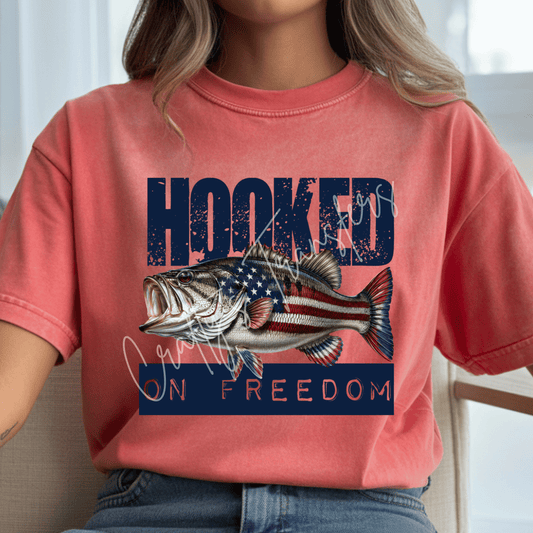 Hooked On Freedom Bass Fishing DTF Transfer | Patriotic American Flag Fish Graphic | USA Fishing Shirt Transfer