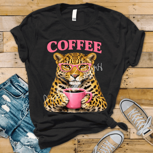 Leopard Coffee DTF Shirt Transfer | Cheetah Print Coffee Lover Graphic | Cute Pink Mug Boutique Tee Design