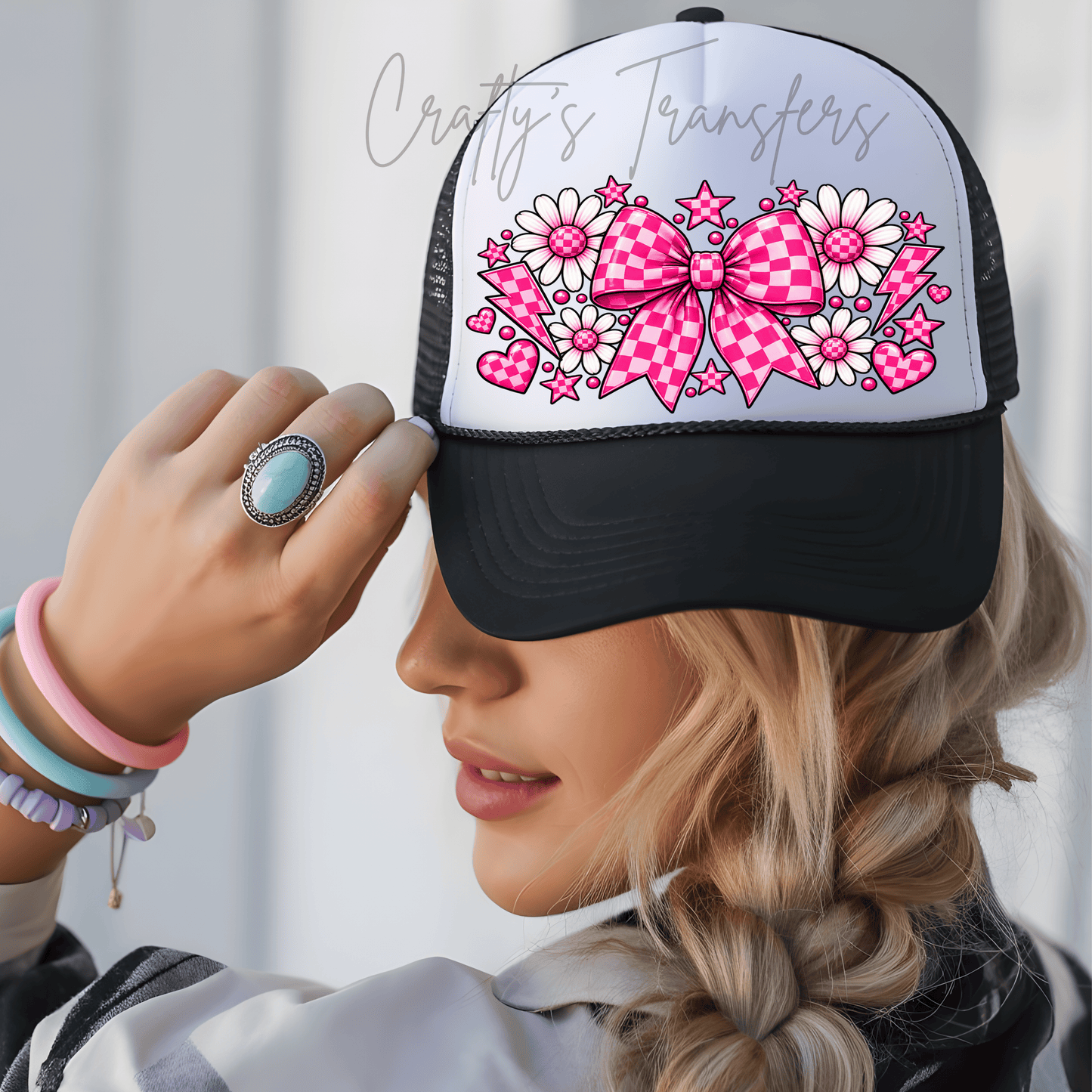 Pink Check Bow DTF Hat Transfer