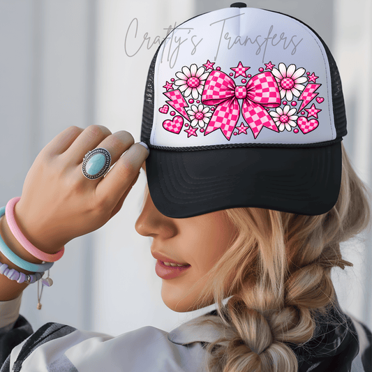 Pink Check Bow DTF Hat Transfer