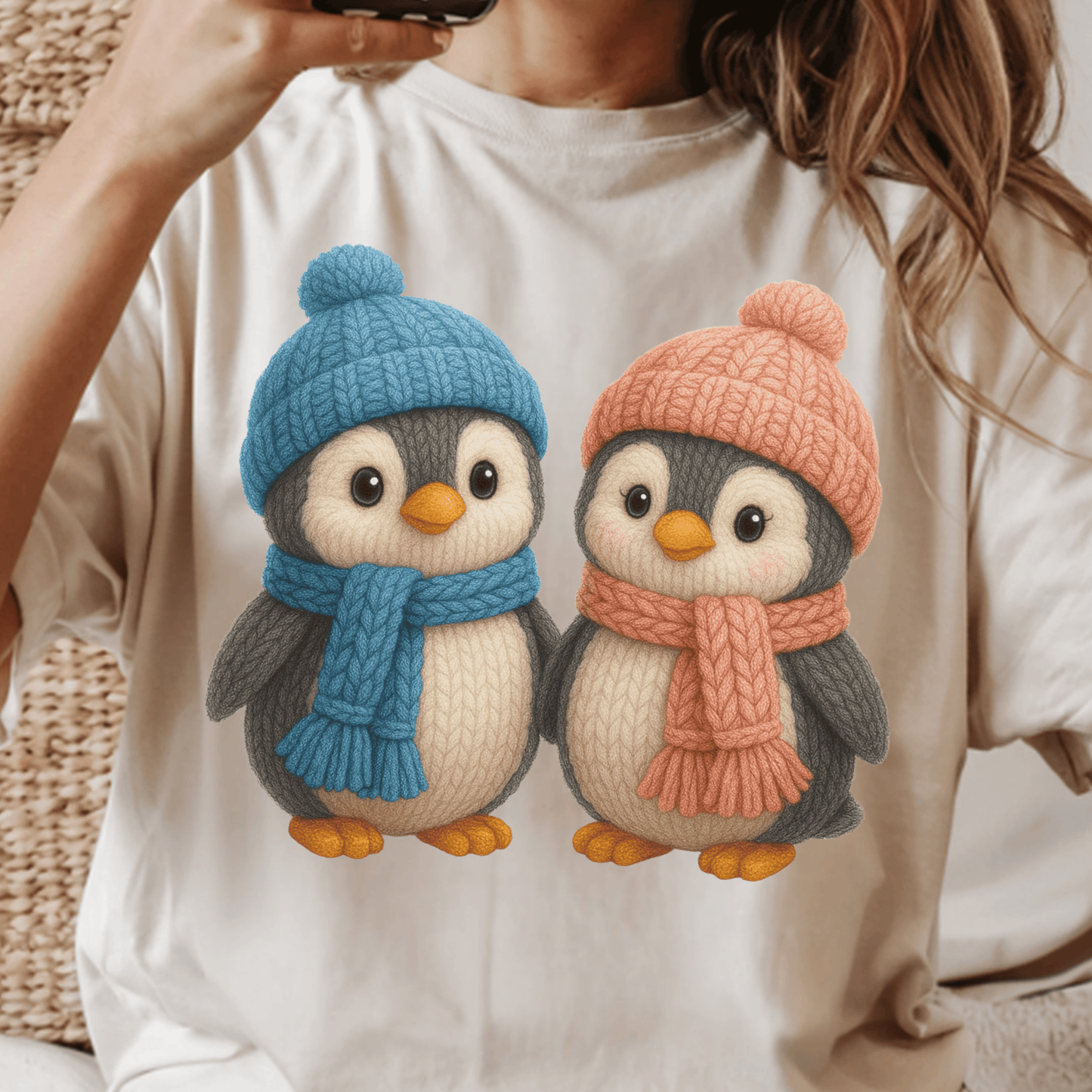 Cute Penguin Couple DTF Transfer – Winter Knit Hat & Scarf Heat Press Design