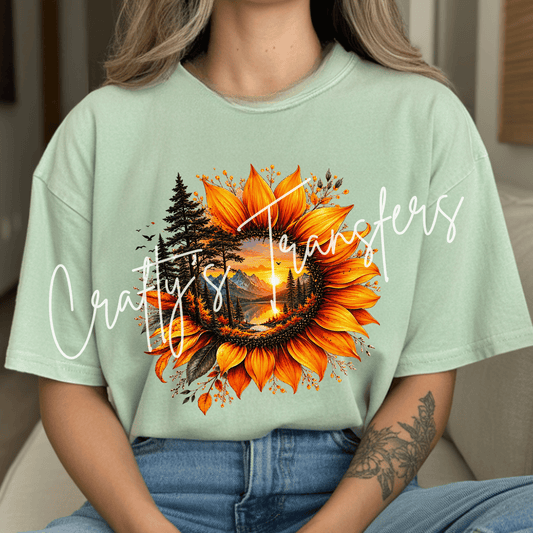 Sunflower Mountain DTF Transfer – Autumn Landscape Shirt Design – Fall Nature DTF
