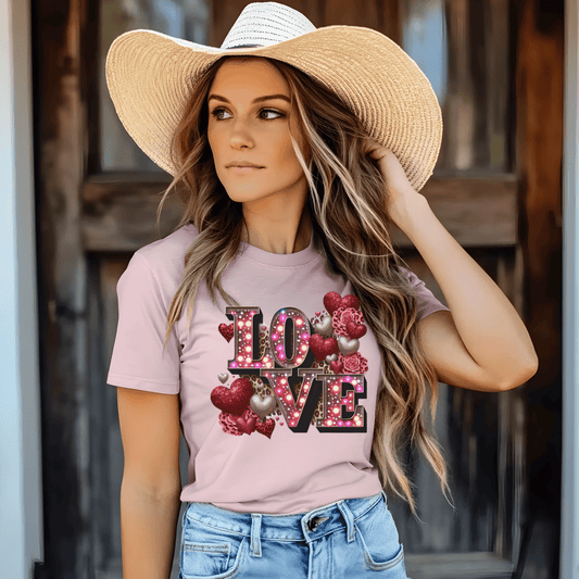 LOVE Valentine Rhinestone Marquee Design PNG – Glitter Hearts Leopard Print Valentine DTF Transfer