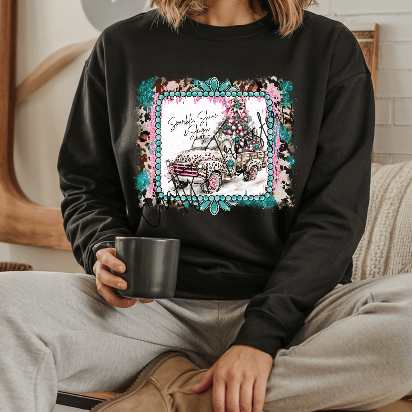 Sparkle Shine & Sleigh Christmas DTF Transfer | Western Leopard Truck Holiday Shirt Transfer