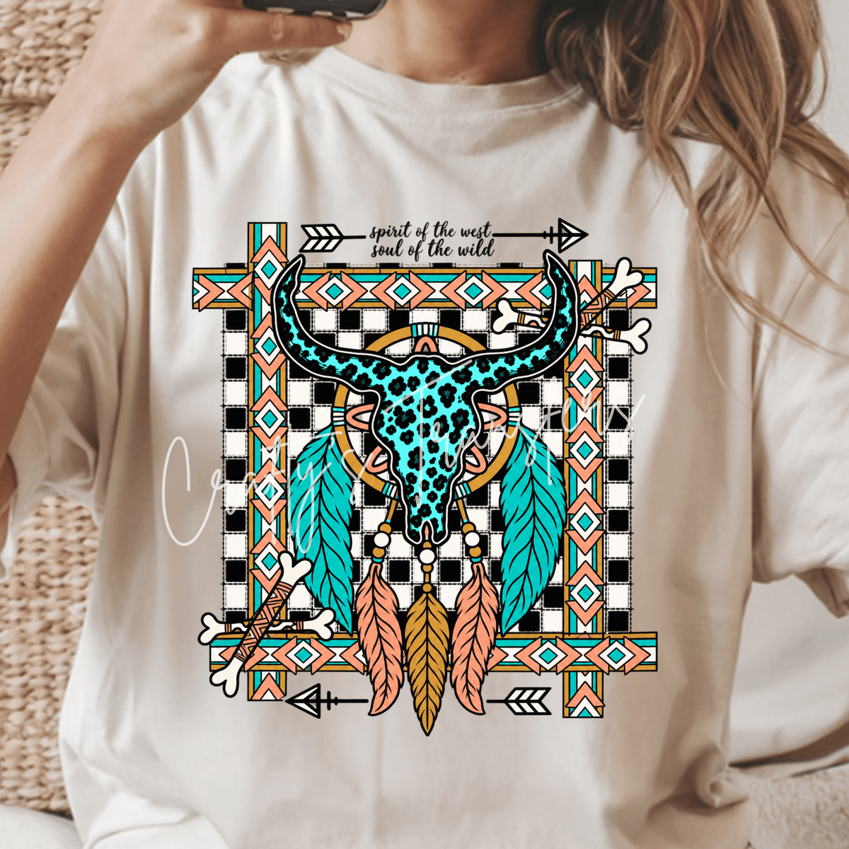 Western Bull Skull DTF Transfer – Turquoise Leopard Cow Skull Boho Shirt Design