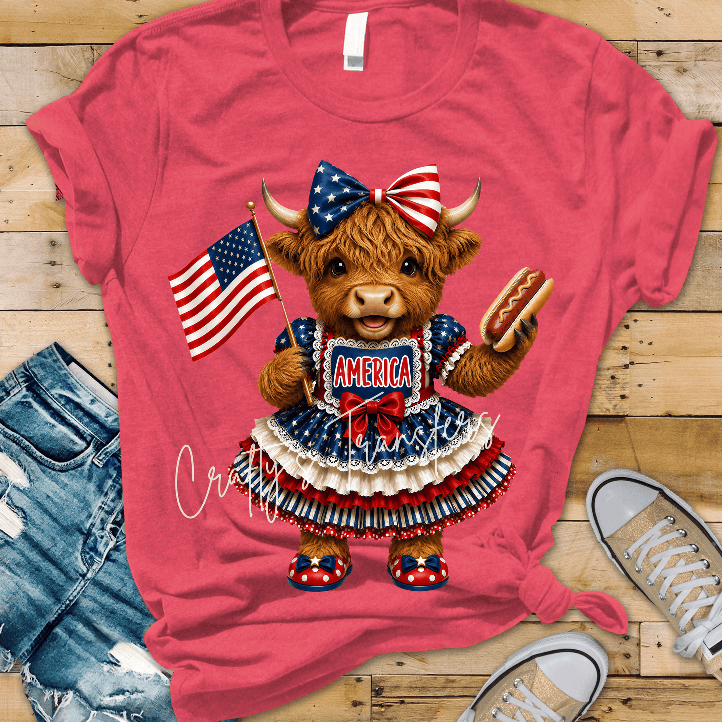 Patriotic Highland Cow DTF Transfer | Cute America Cow Graphic | 4th of July Western Shirt Transfer