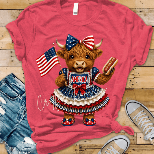 Patriotic Highland Cow DTF Transfer | Cute America Cow Graphic | 4th of July Western Shirt Transfer