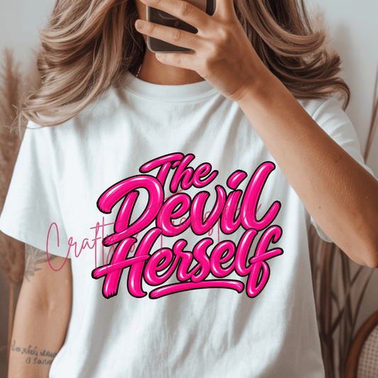The Devil Herself DTF Transfer – Hot Pink Glossy 3D Design