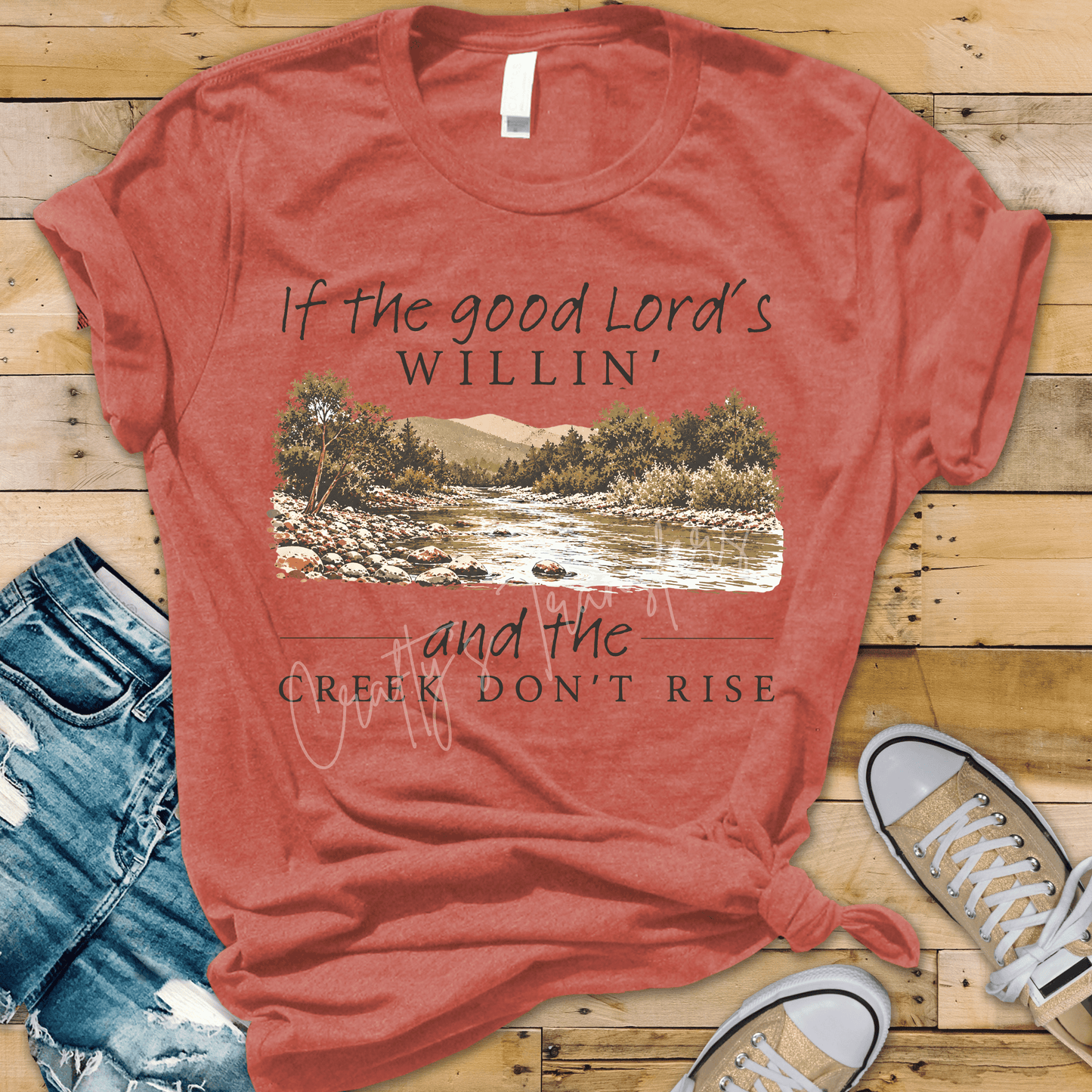 If the Good Lord’s Willin’ and the Creek Don’t Rise DTF Transfer Dark Print – Country Faith Scenic Shirt Design
