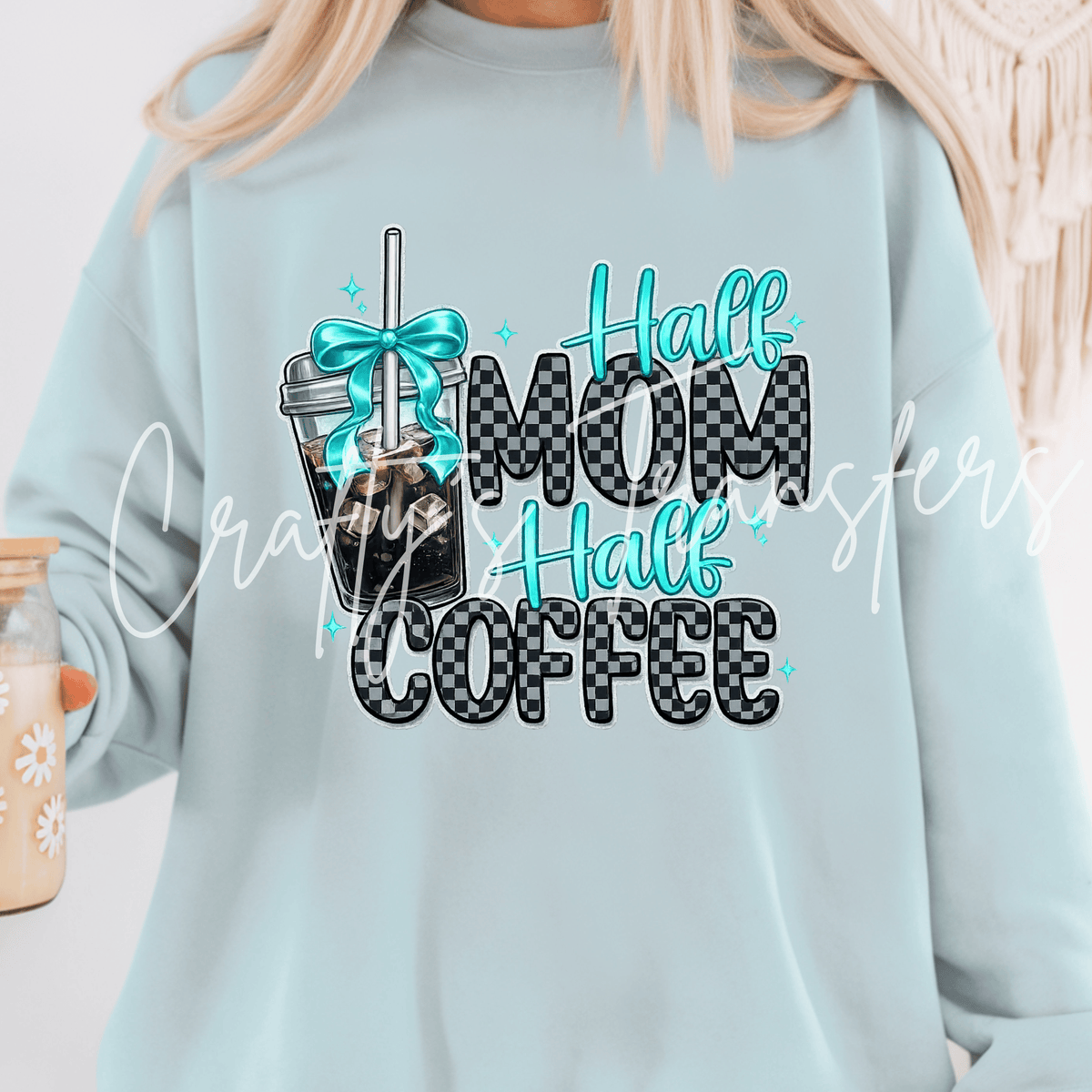 Coffee Mom DTF Transfer – Teal Checkerboard Mom Life Shirt Design – Iced Coffee DTF