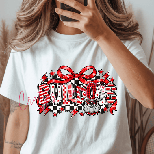 Bulldogs Red & Black Checkered Bow DTF Transfer | Bulldog School Spirit Shirt Transfer