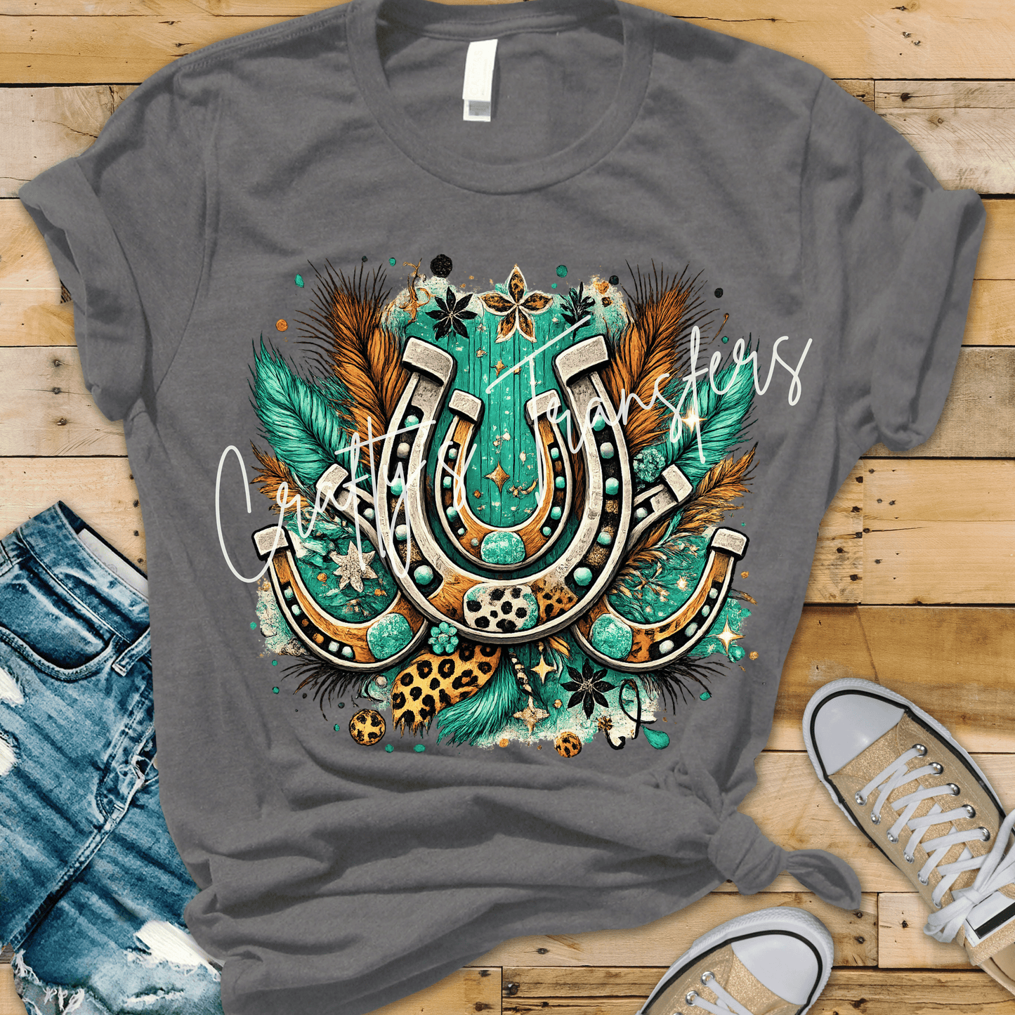 Western Horseshoe DTF Transfer | Turquoise Rustic Lucky Horseshoe Heat Transfer | Boho Cowgirl Shirt Transfer | Ready to Press
