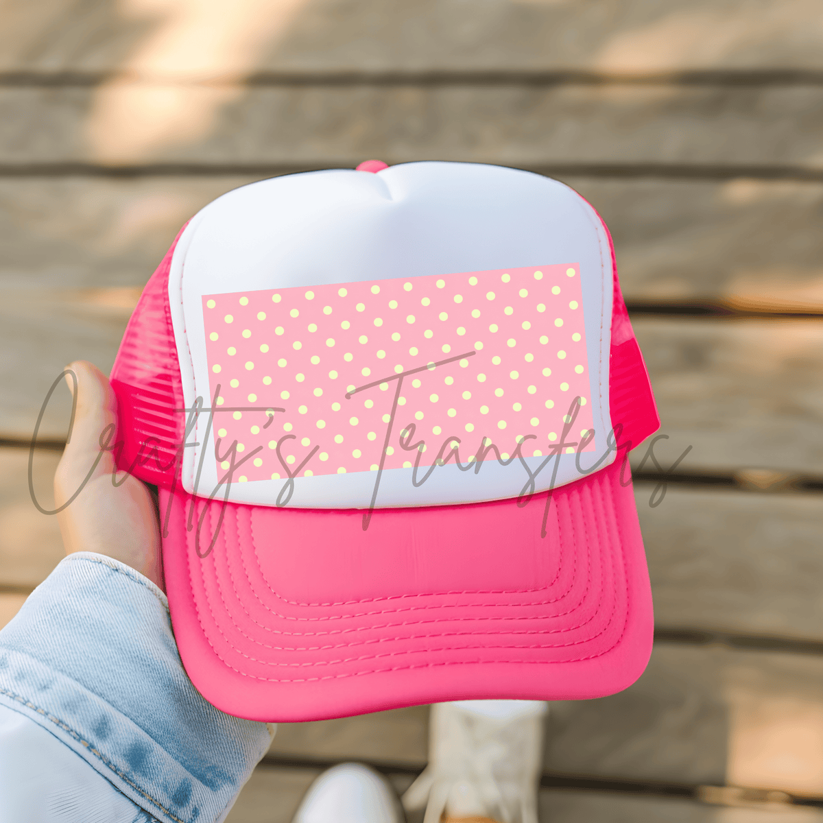 Pink & Yellow Polka Dot DTF Hat Transfer – Cute Retro Trucker Hat Transfer