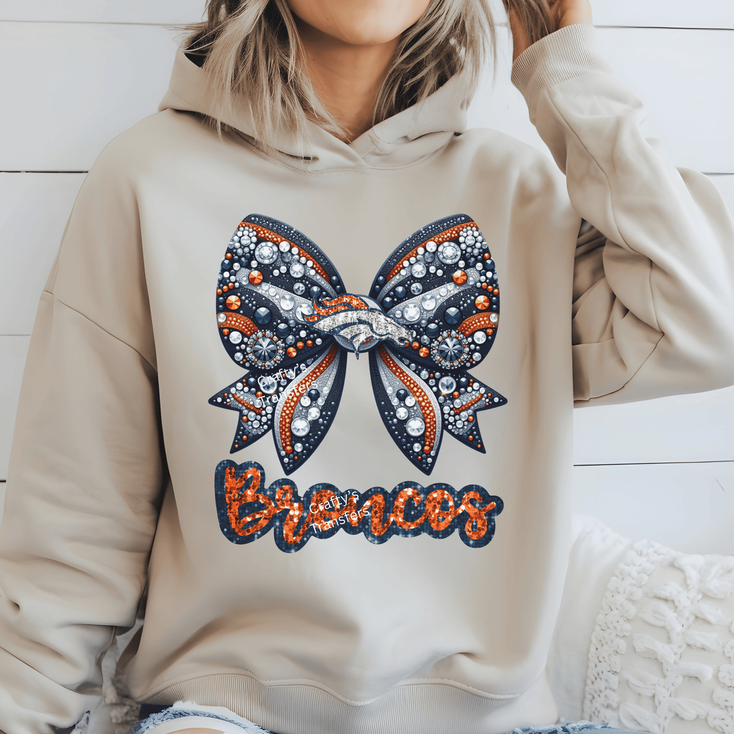 Denver-Inspired Football Bow DTF Transfer – Navy & Orange Rhinestone Look Cheer Bow – Game Day Heat Transfer – Ready to Press