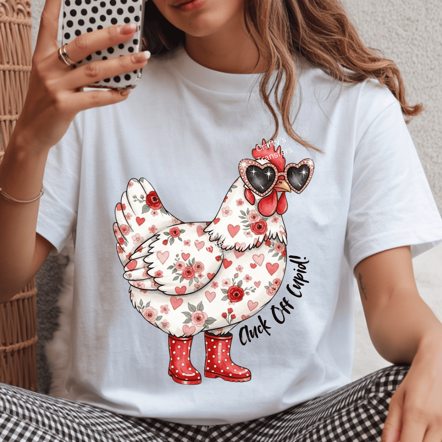 Valentine Chicken DTF Transfer – Floral Hen with Heart Sunglasses & Boots – Cute Farm Valentine Heat Transfer