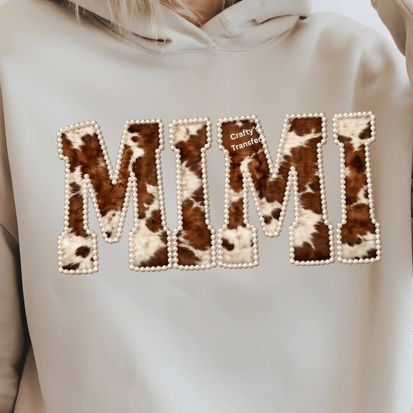 Western Cowhide Mimi DTF Transfer – Brown & White Cow Print with Pearl Outline – Trendy Western Grandma Shirt – Ready to Press