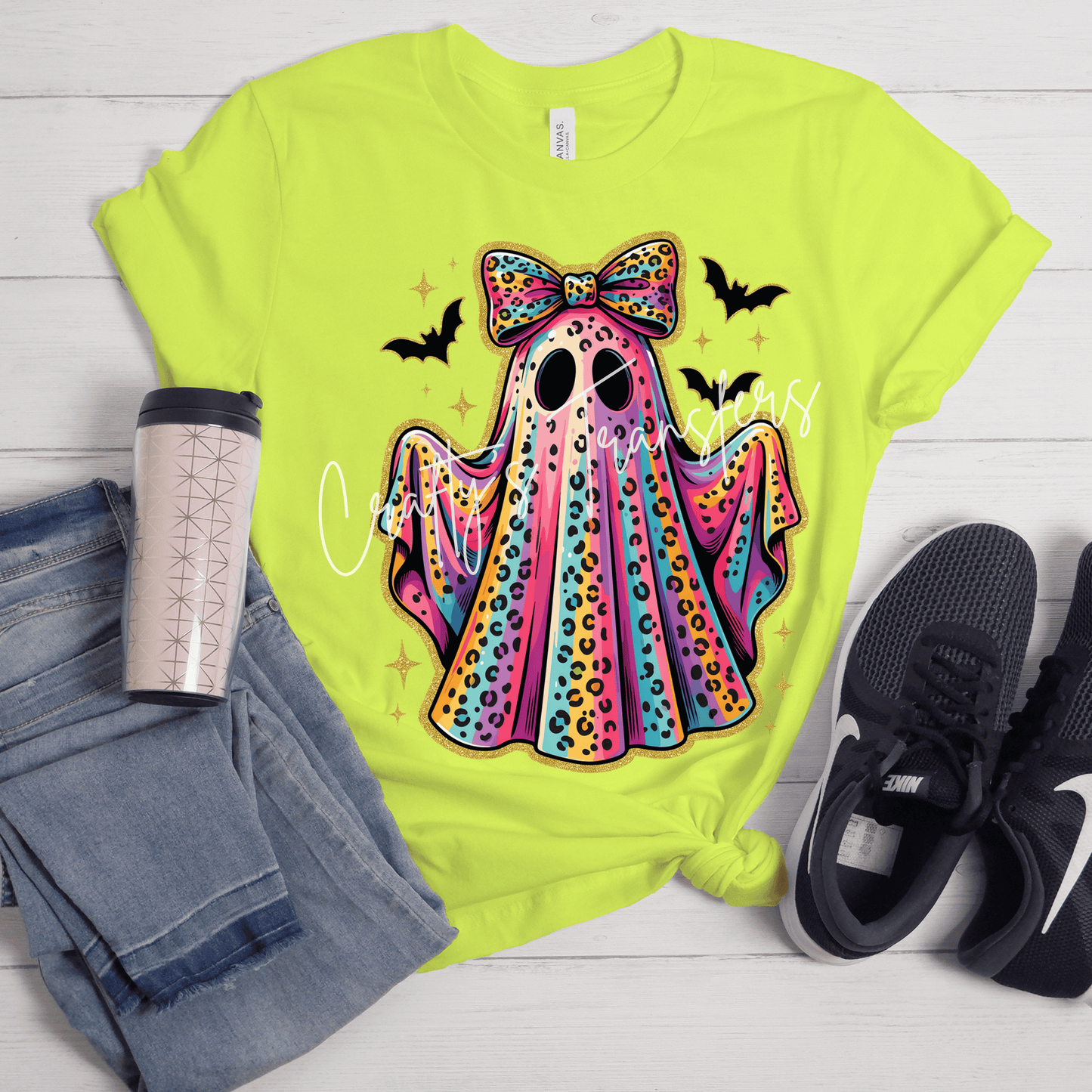 Rainbow Leopard Ghost DTF Transfer | Colorful Coquette Halloween Ghost with Bow | Cute Spooky Heat Transfer | Ready to Press