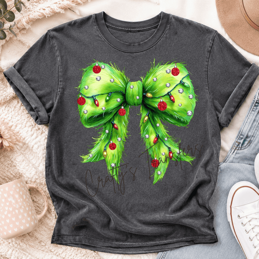 Fuzzy Green Christmas Bow DTF Transfer – Holiday Lights & Ornament Bow Graphic – Festive Coquette Design