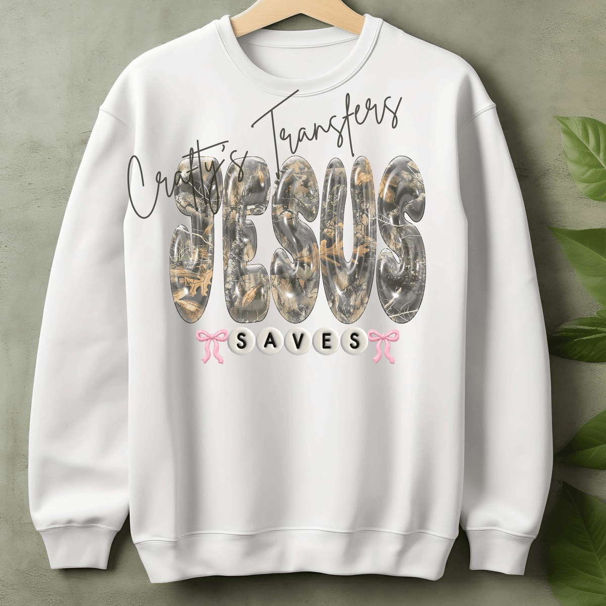 Jesus Saves Camo DTF Transfer – Glossy 3D Bubble Letter Faith Graphic – Pink Bow Christian Design