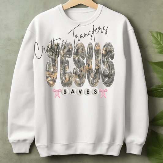 Jesus Saves Camo DTF Transfer – Glossy 3D Bubble Letter Faith Graphic – Pink Bow Christian Design