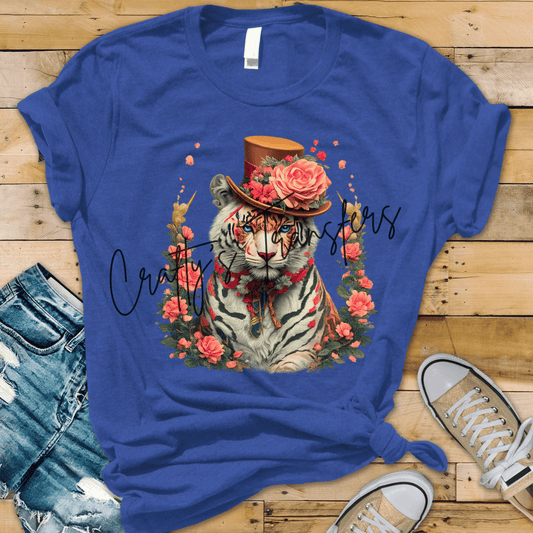 Boho White Tiger DTF Transfer | Floral Tiger with Vintage Hat | Dopamine Animal Print Heat Transfer | Boutique Ready to Press
