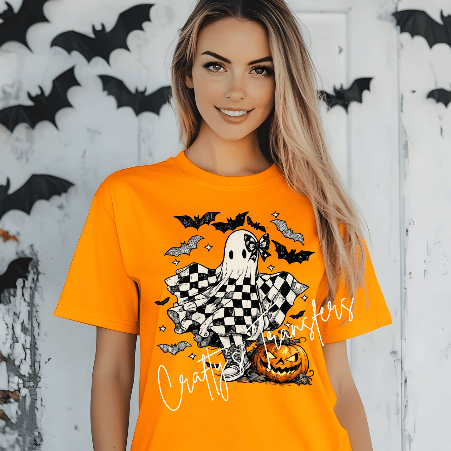 Checkered Ghost DTF Transfer | Cute Halloween Ghost with Black & White Checkered Blanket | Spooky Heat Transfer | Ready to Press