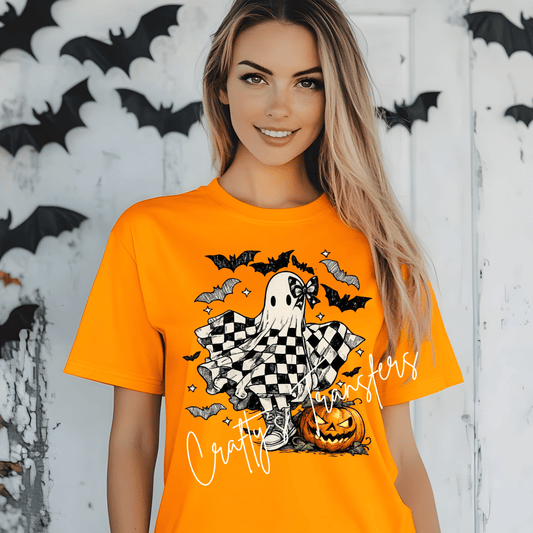 Checkered Ghost DTF Transfer | Cute Halloween Ghost with Black & White Checkered Blanket | Spooky Heat Transfer | Ready to Press