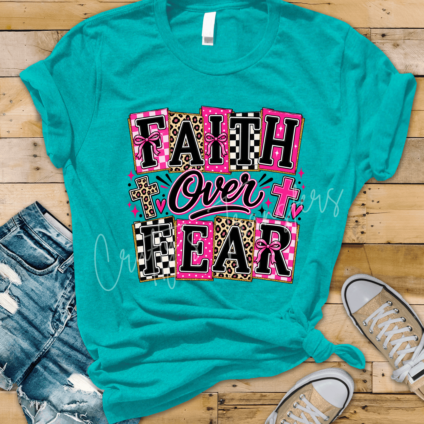 Faith Over Fear DTF Transfer | Pink Leopard Checkerboard Christian Shirt Transfer