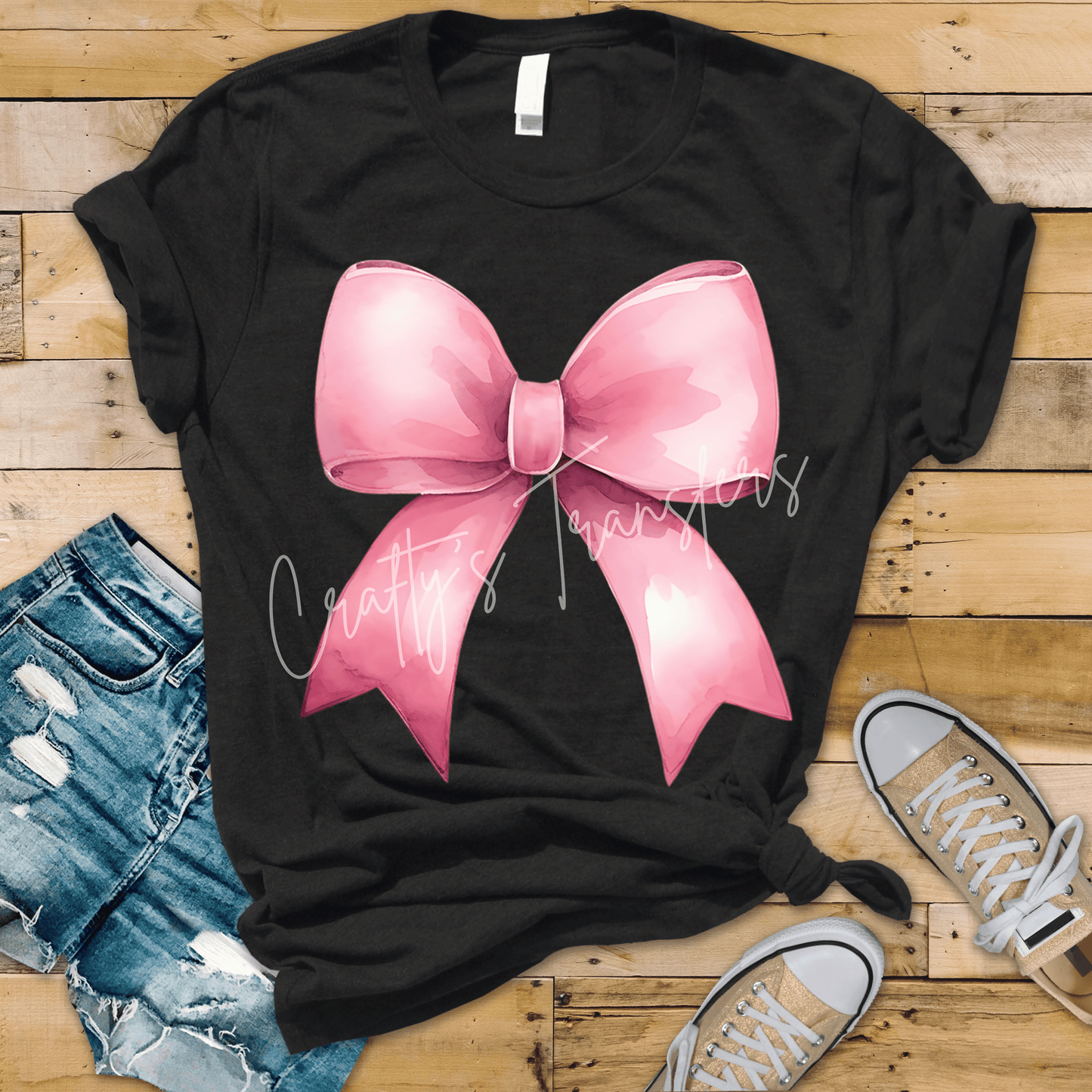 Blush Pink Bow DTF Transfer – Glossy Coquette Ribbon Graphic – Girly Shirt Design