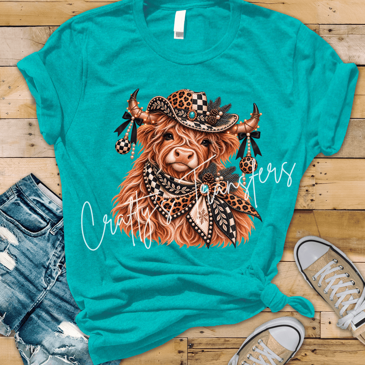 Western Christmas Highland Cow DTF Transfer – Leopard Print Cowboy Hat & Checkered Holiday Graphic