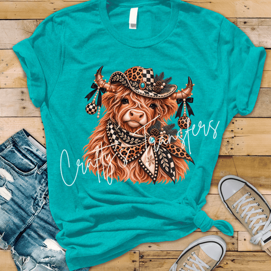 Western Christmas Highland Cow DTF Transfer – Leopard Print Cowboy Hat & Checkered Holiday Graphic