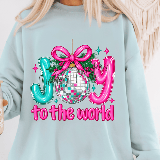 Joy to the World Christmas DTF Transfer | Pink Turquoise Disco Ball Holiday Shirt Transfer