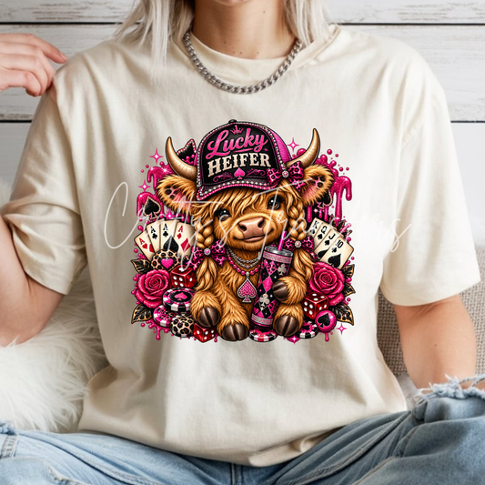 Lucky Heifer Highland Cow DTF Transfer – Pink Western Cowgirl Casino Graphic