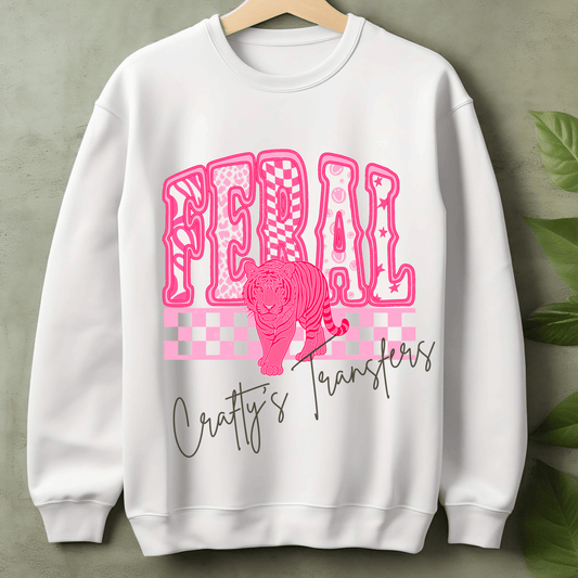 Feral Pink Tiger DTF Transfer – Retro Checkerboard Animal Print Graphic – Sassy Wild Girl Design