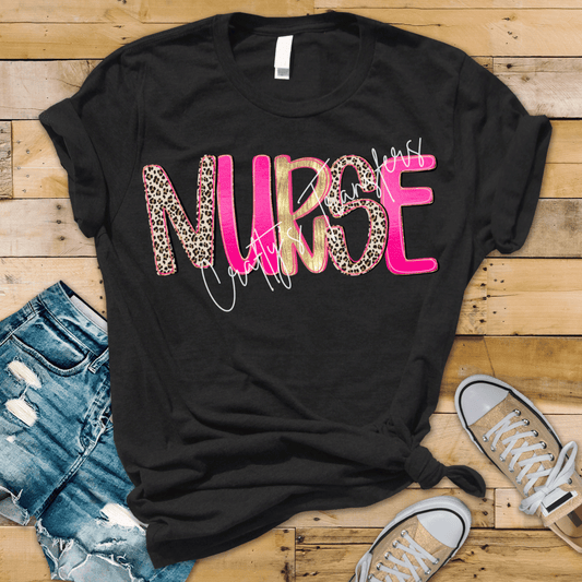 Nurse Leopard & Hot Pink DTF Transfer – Bold Gold Foil Look Nurse Graphic – Trendy Healthcare Shirt Transfer