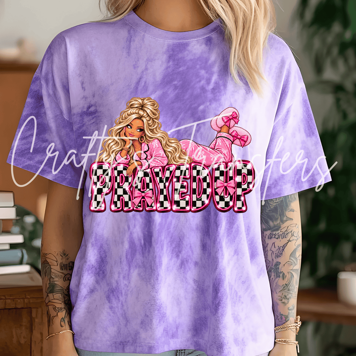 Prayer Girl DTF Transfer – Pink Checkerboard Faith Shirt Design – Girly Christian DTF