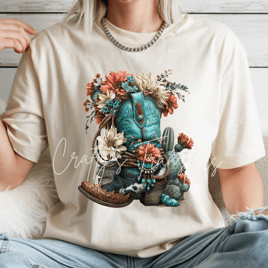 Turquoise Cowgirl Boot DTF Transfer | Western Floral Boot with Cactus | Boho Country Heat Transfer | Ready to Press
