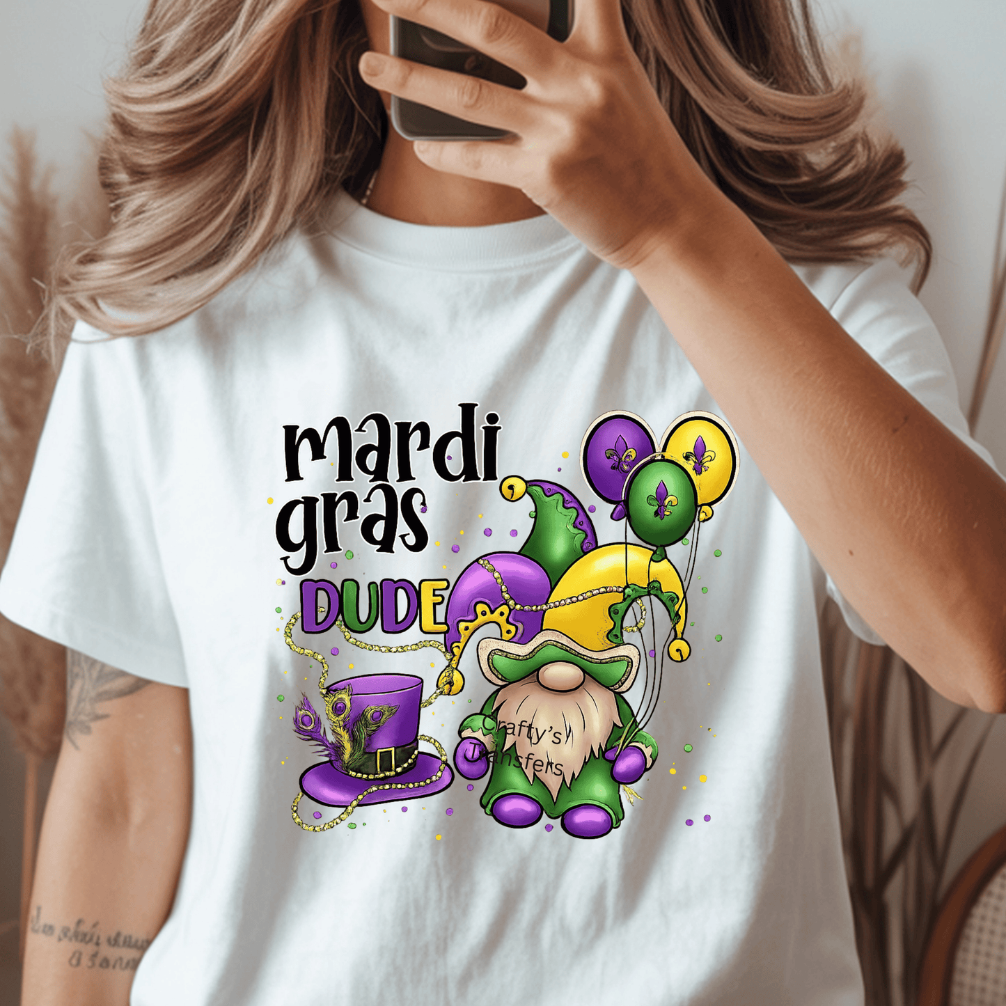 Mardi Gras Dude DTF Transfer | Funny Mardi Gras Gnome Shirt Design | Purple Green Gold Louisiana Heat Transfer