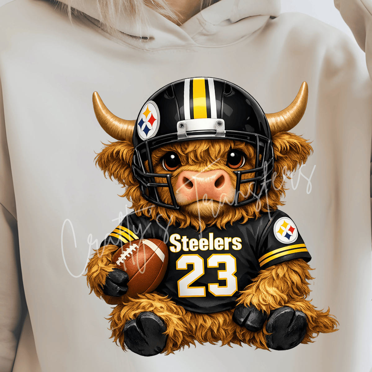 (2) Football Highland Cow DTF Transfer – Cute Jersey and Helmet Cow Shirt Design