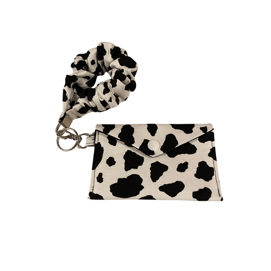 Black & White Cow Print Card Wallet with Scrunchie Wristlet | Cotton Fabric Mini Wallet