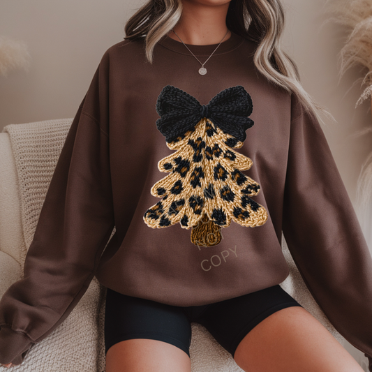 Faux Yarn Cheetah Print Christmas Tree with Black Bow